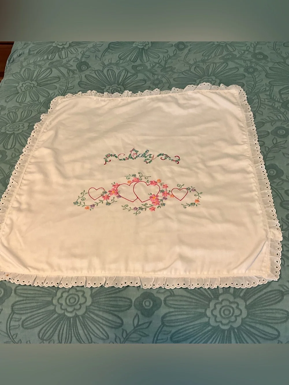 Hand Embroidered White Cotton Baby Blanket with Floral Hearts
